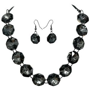 Translucent Black Grey Color Glass Octagon Beaded Necklace Earrings Set